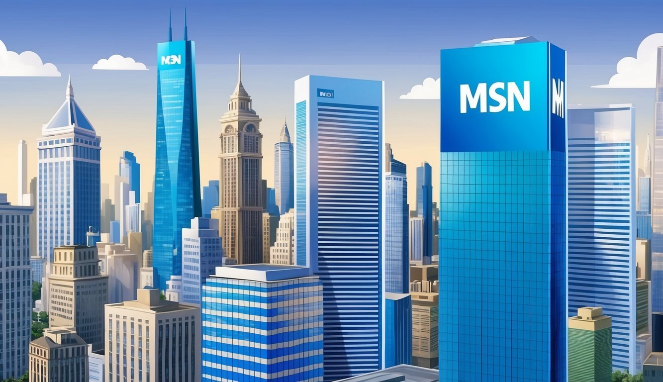 Cityscape with multiple skyscrapers, including several with "MSN" logos