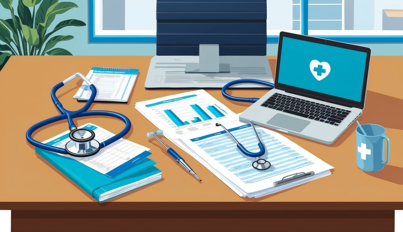 A stethoscope, medical charts, and a laptop on a desk in a hospital office