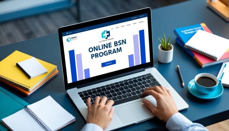 Laptop displaying "Online BSN Program" with hands typing, surrounded by study materials