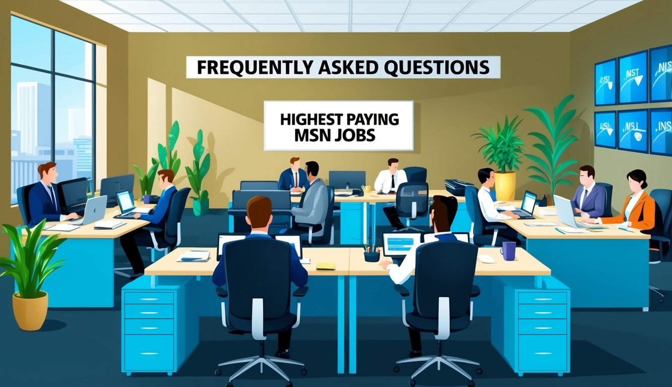 A bustling office with professionals at their desks, a sign reading "Frequently Asked Questions Highest Paying MSN Jobs" on a wall