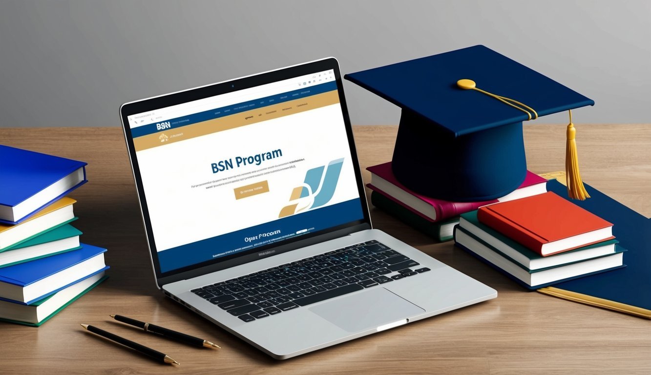 A laptop with a BSN program website open, surrounded by books and a graduation cap