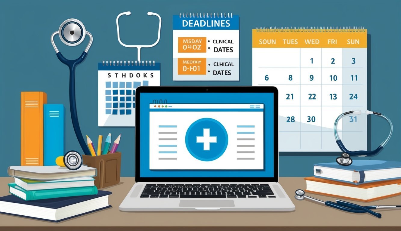 A laptop open on a desk, surrounded by textbooks, stethoscope, and medical equipment.</p><p>A calendar with deadlines and clinical dates pinned to the wall