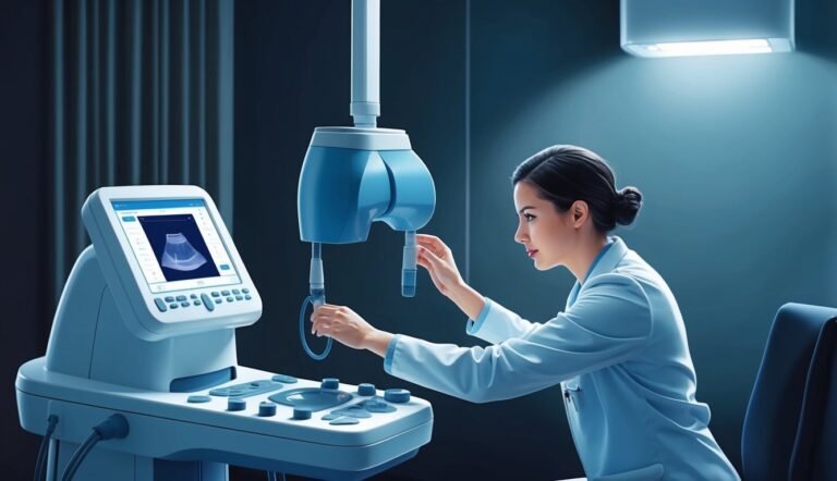 A doctor using an ultrasound machine in a medical examination room