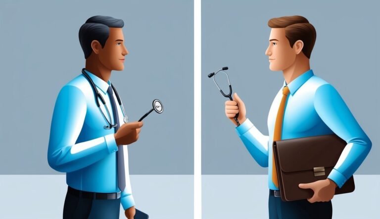 Two men, one doctor, one businessman, holding a stethoscope