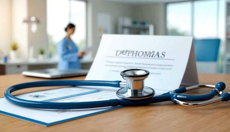 Blue stethoscope, document, and doctor in the background on a desk