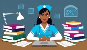 Nurse with books and laptop, "BSN to MSN" sign, studying for advanced degree