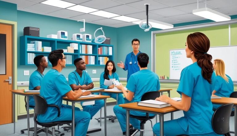 Medical students in scrubs attend a lecture in a classroom setting
