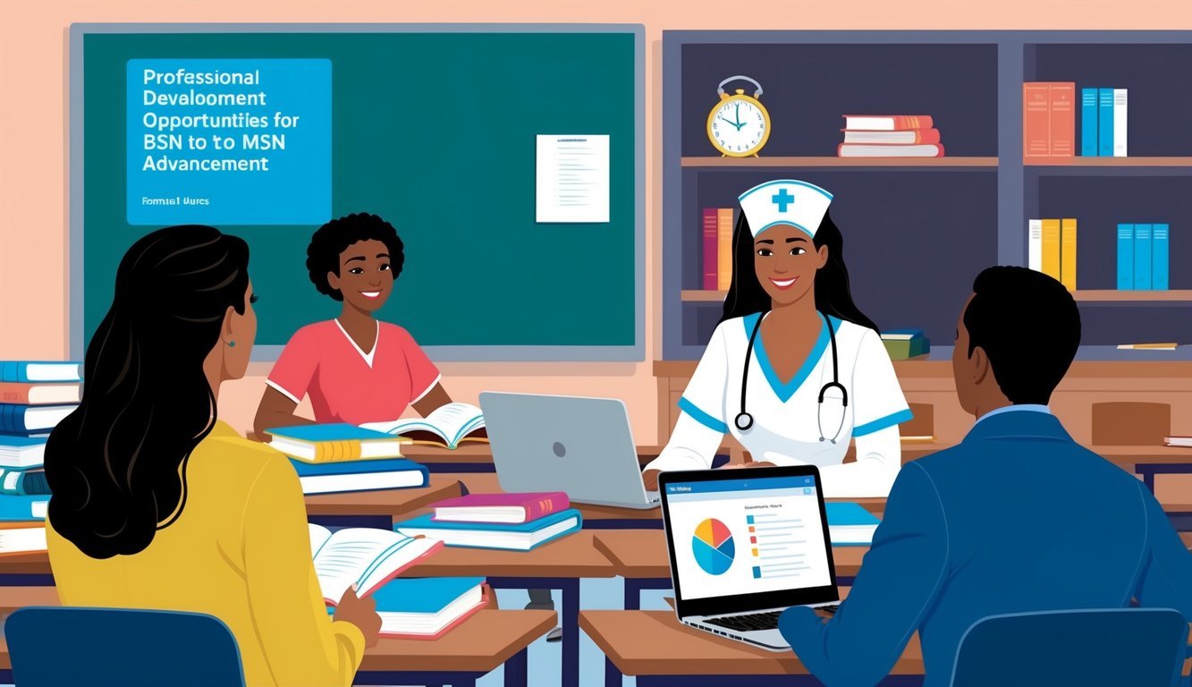 A nurse in a classroom, surrounded by books and a laptop, listening to a speaker discussing professional development and opportunities for BSN to MSN advancement