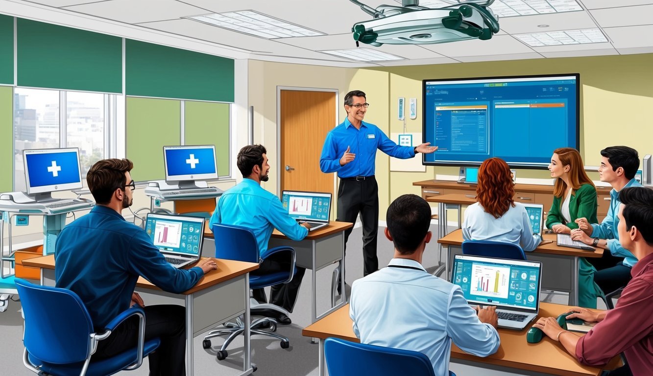 A classroom setting with medical equipment, computers, and instructor teaching a group of students