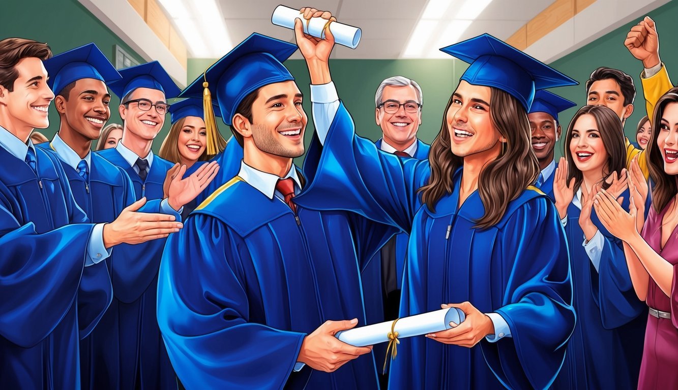 A graduate in a cap and gown receives a diploma, surrounded by faculty and cheering classmates