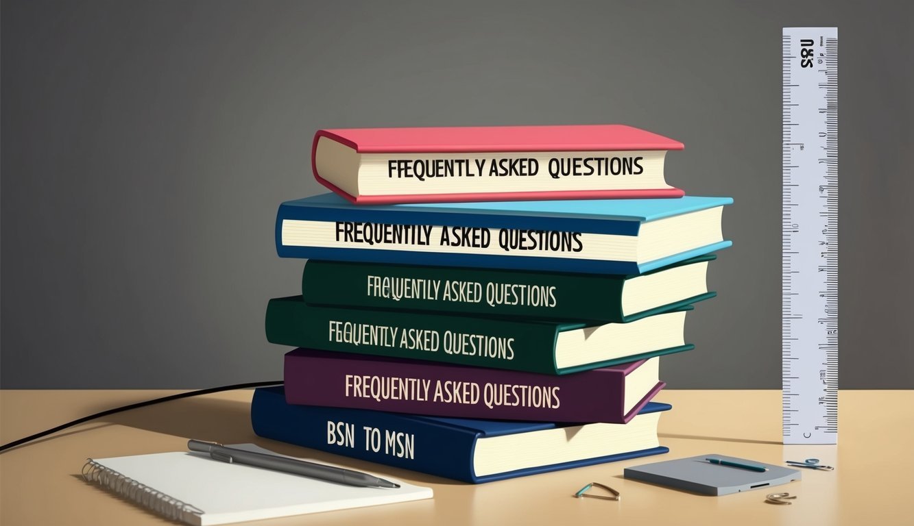 A stack of books labeled "Frequently Asked Questions" with a ruler measuring time from "bsn to msn" on a desk
