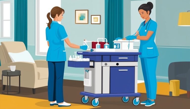 Two nurses with a medical cart in a patient's room