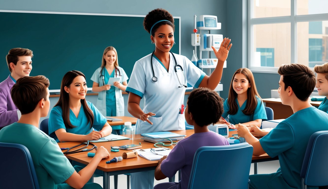 A medical assistant instructing a class, surrounded by students and medical equipment