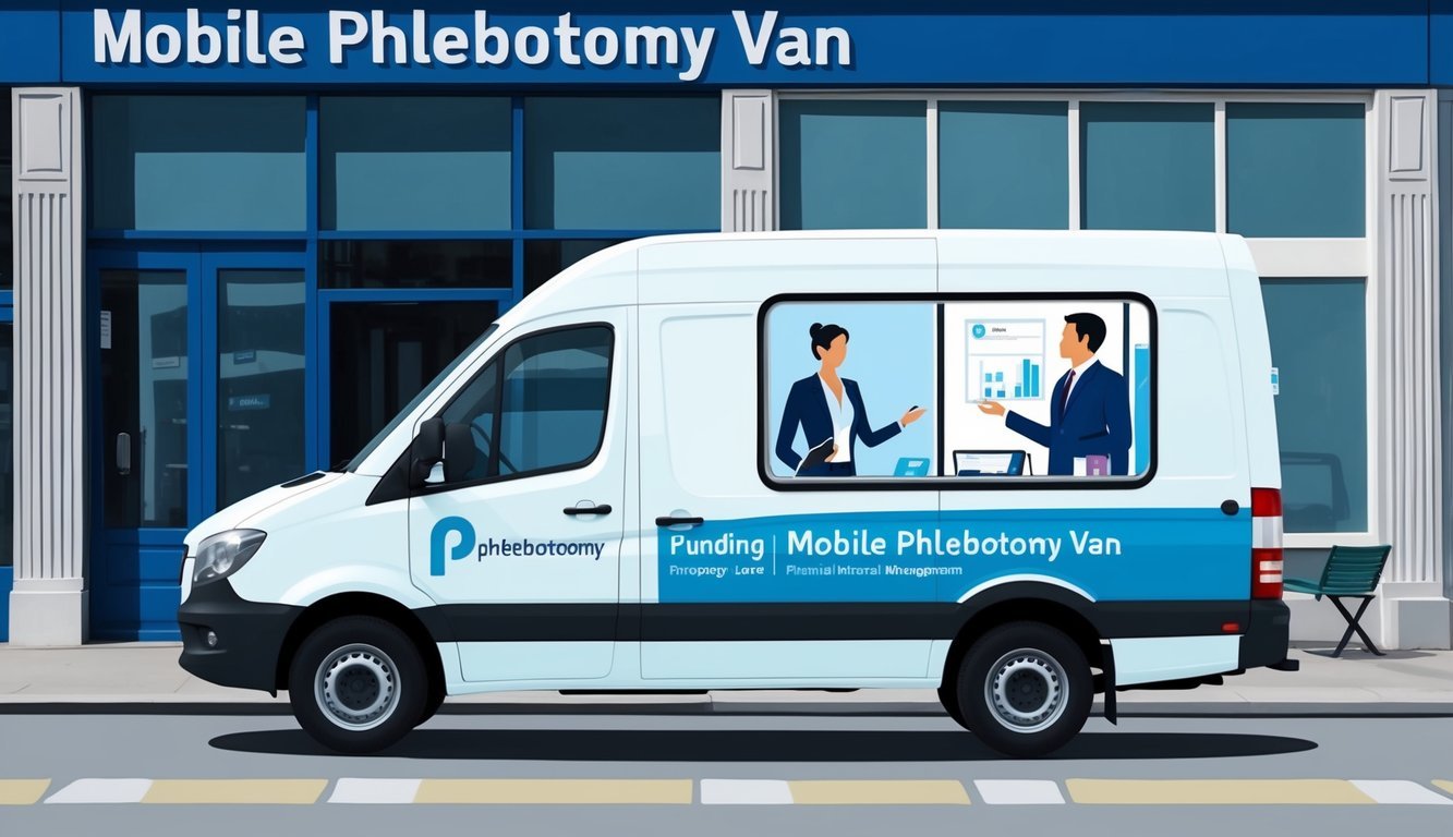 A mobile phlebotomy van parked outside a bank, with a person in a business suit discussing financial management and funding with a banker through the window