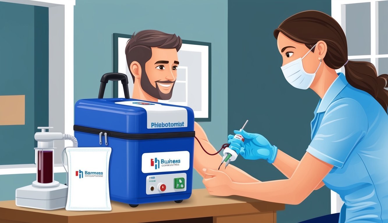 A phlebotomist visits a home with a mobile kit, drawing blood from a patient's arm.</p><p>The business logo is visible on the equipment