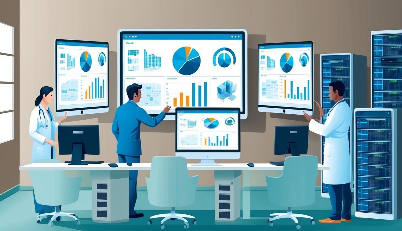Doctors and data analysts review charts on computer screens in a lab
