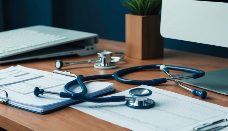 Blue stethoscope, medical forms, and laptop on a wooden desk