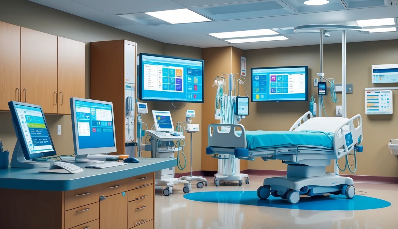 A modern hospital room with a computer workstation, medical equipment, and digital displays showing patient data
