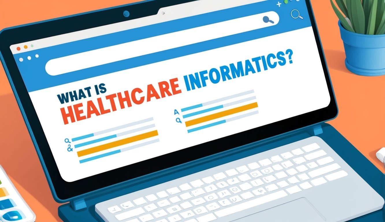 A computer screen displaying a search bar with the words "What is healthcare informatics" and a list of related questions and answers