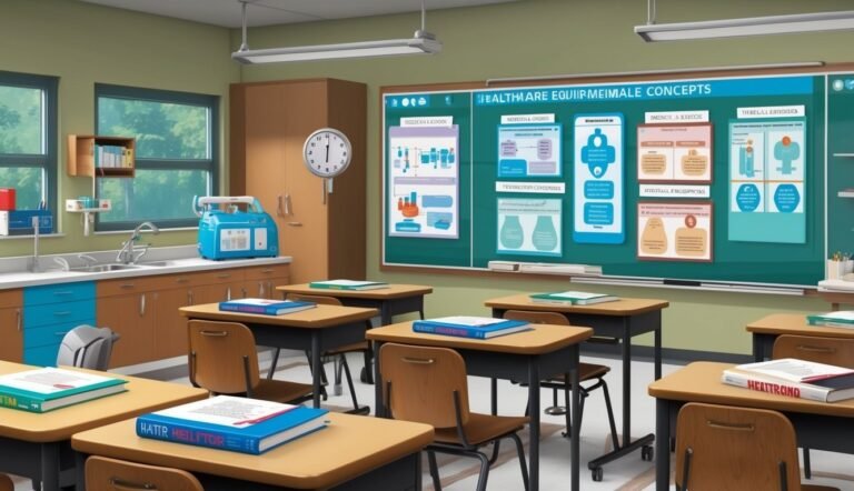 Classroom with desks, a chalkboard with healthcare concepts, and a clock on the wall