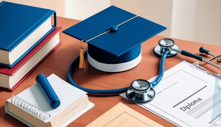 Graduation cap, stethoscope, books, and diploma on a wooden desk