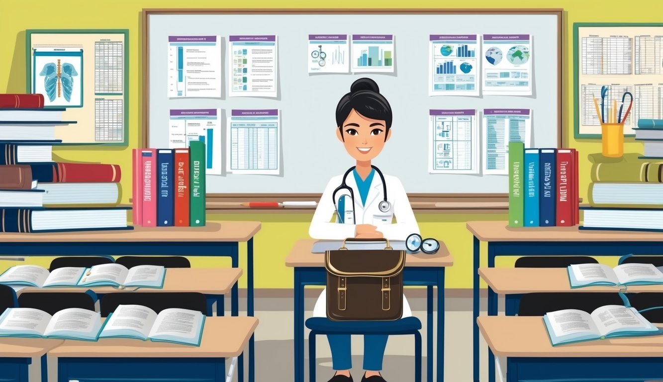 A classroom with a whiteboard and desks, surrounded by medical textbooks and charts.</p><p>A stethoscope and medical bag sit on the teacher's desk