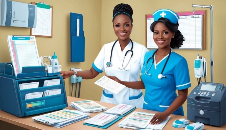 Two smiling nurses in a medical office, surrounded by equipment and paperwork