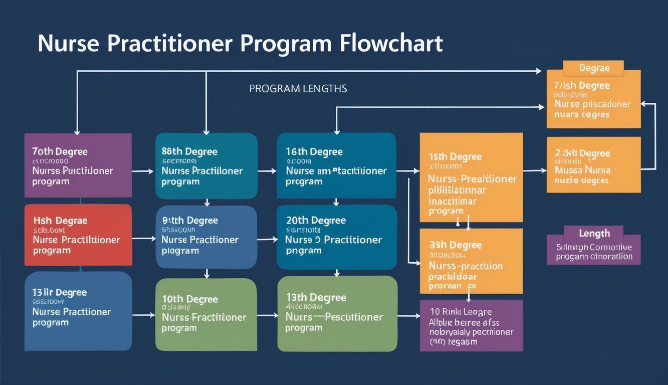 A nurse practitioner program flowchart with various degree pathways and program lengths displayed