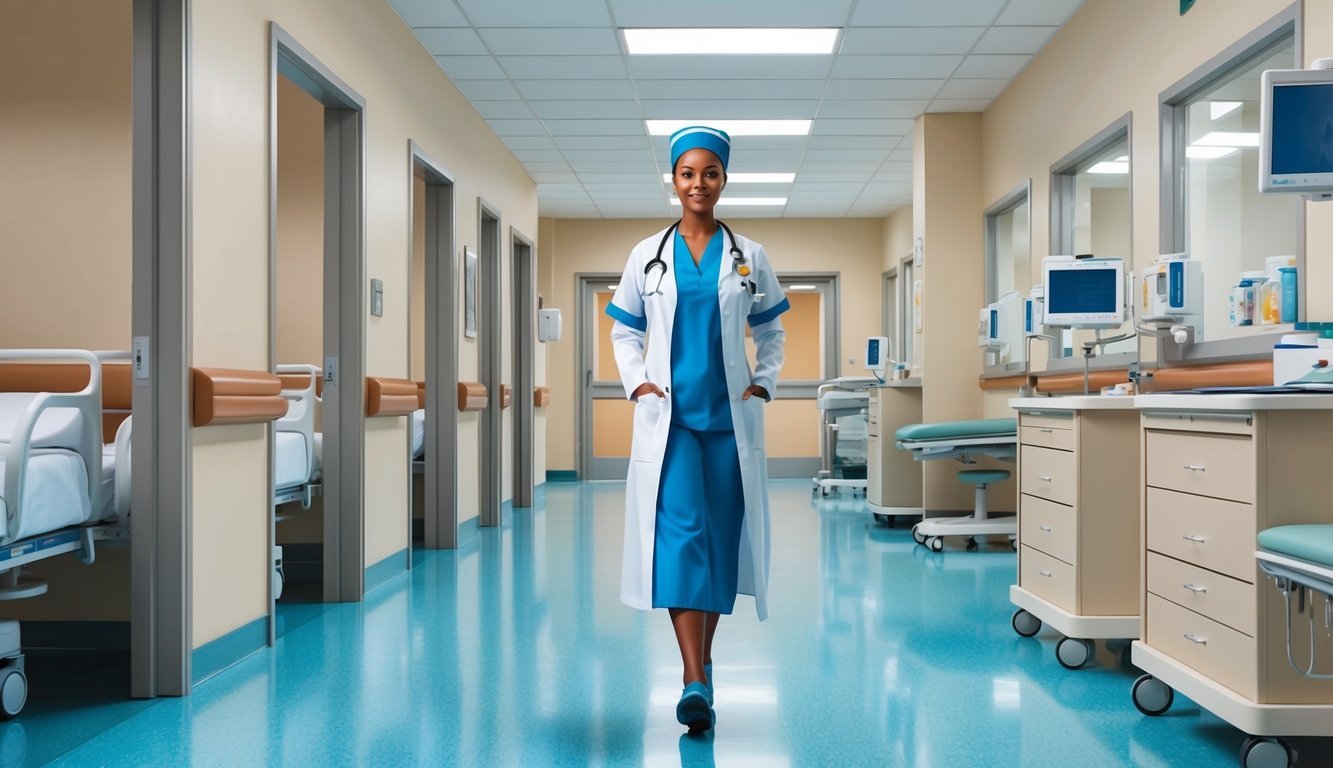 A nurse in a white coat walks through a hospital corridor, passing by exam rooms and medical equipment