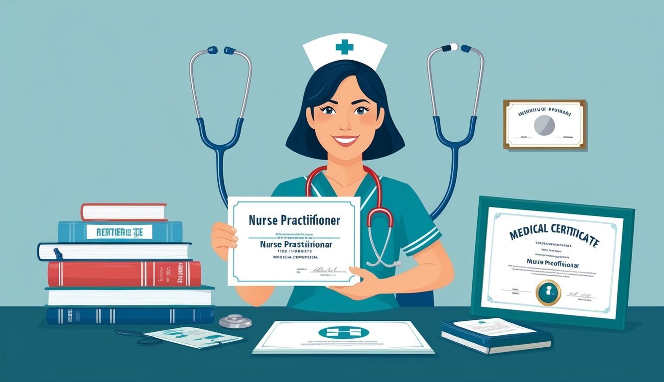 A nurse practitioner holding a diploma surrounded by a stethoscope, medical books, and a certificate on a desk