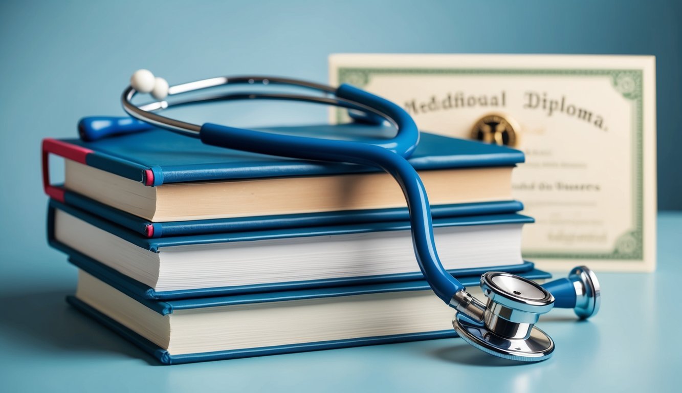 A stethoscope resting on a stack of medical textbooks with a diploma in the background