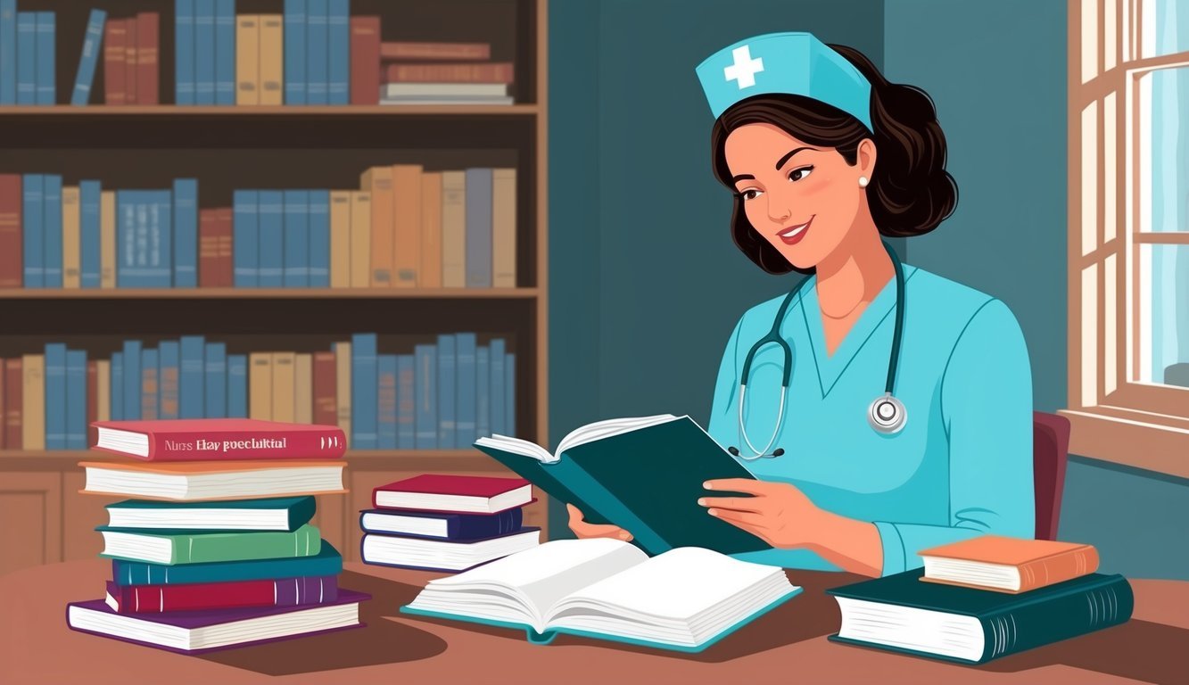 A nurse practitioner reviewing textbooks and medical journals in a quiet study room