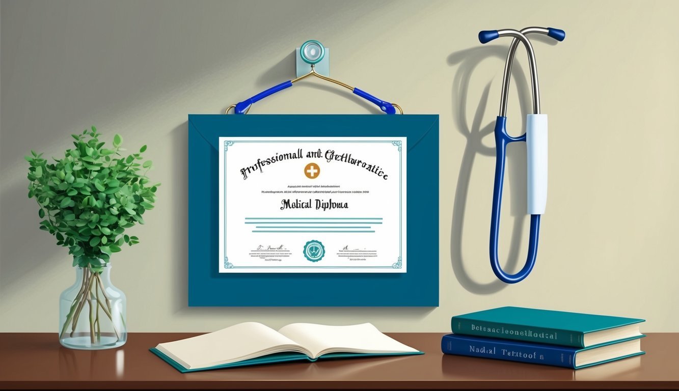 A diploma and certificate hanging on a wall, with a stethoscope and medical textbooks on a desk
