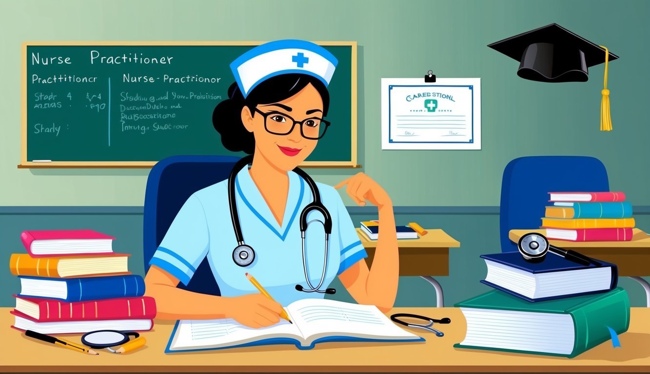 A nurse practitioner studying in a classroom with books, a stethoscope, and medical equipment on the desk.</p><p>Graduation cap and diploma hanging on the wall