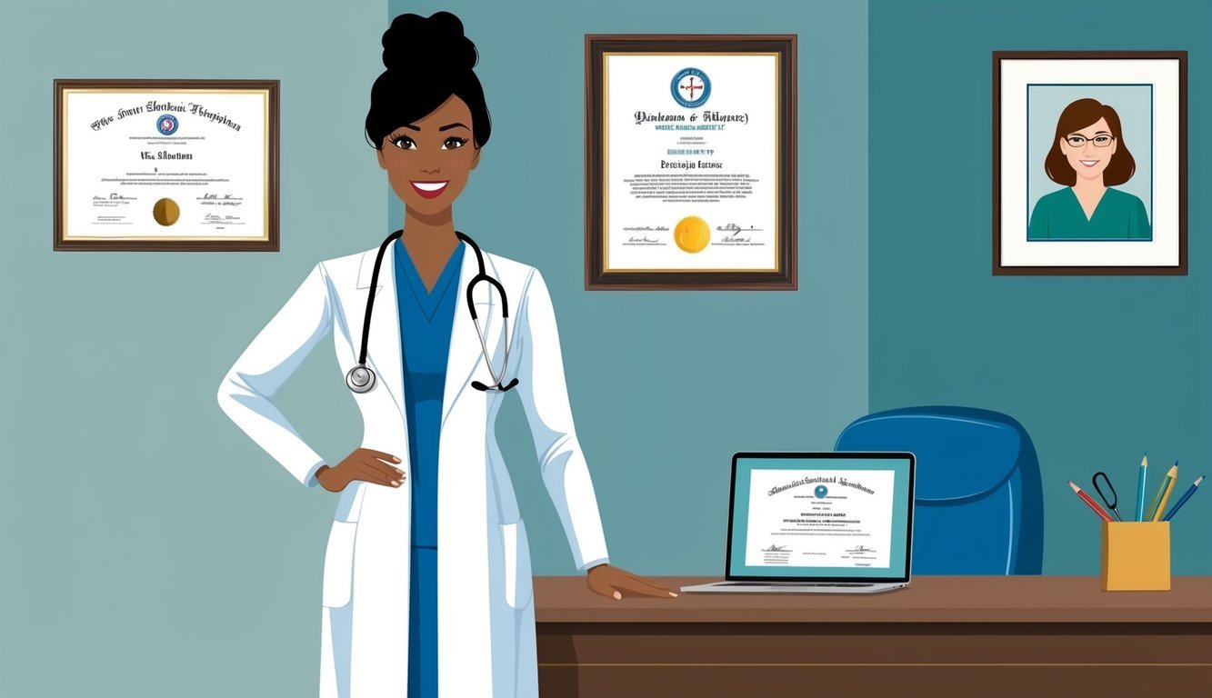 A nurse wearing a white coat and stethoscope, standing beside a desk with a diploma and licensure certificate framed on the wall