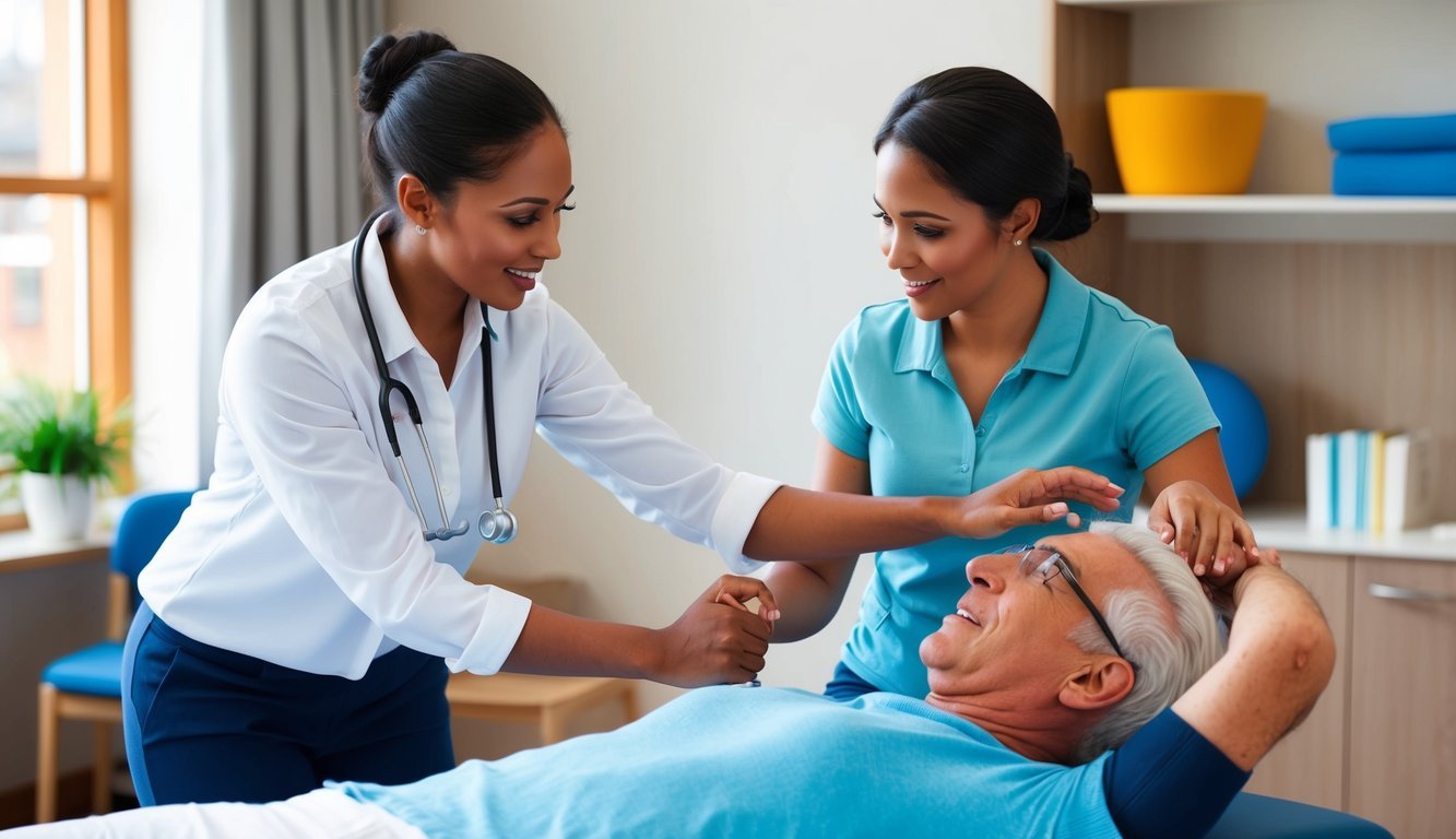 An occupational therapy assistant guides a patient through therapeutic exercises, providing support and encouragement