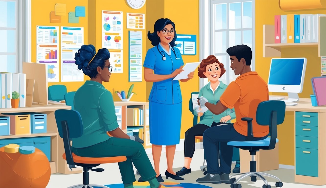 A busy occupational therapy assistant works with clients in a bright, organized therapy room.</p><p>Charts, equipment, and a computer fill the space