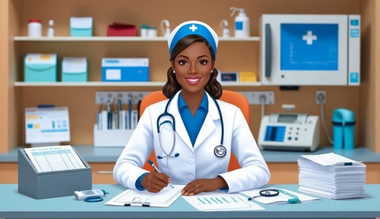 Smiling Black nurse in uniform writing at a desk in an office