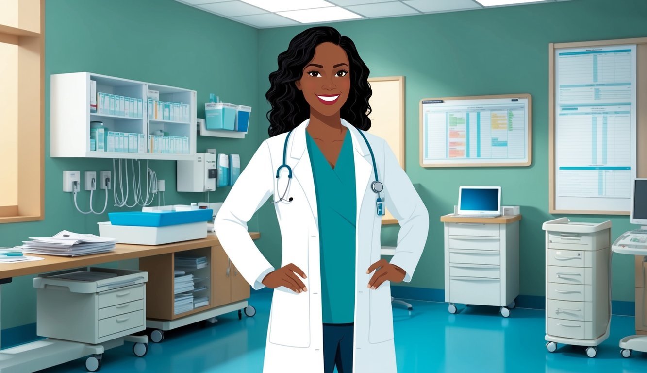 A DNP in a white coat standing confidently in a hospital setting, surrounded by medical equipment and charts