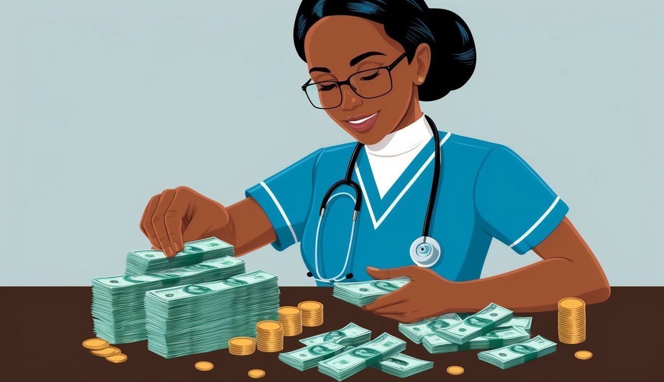 Nurse counting stacks of money and coins on a table