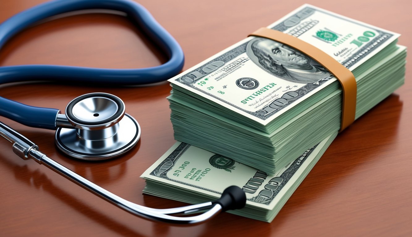 A stethoscope and a stack of dollar bills on a desk