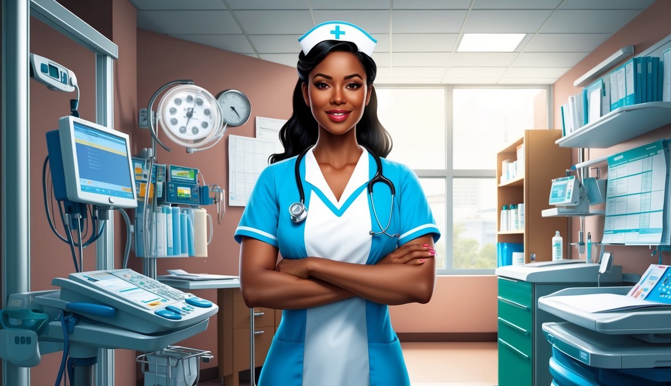 A nurse standing in a hospital setting, surrounded by medical equipment and charts, with a confident and professional demeanor