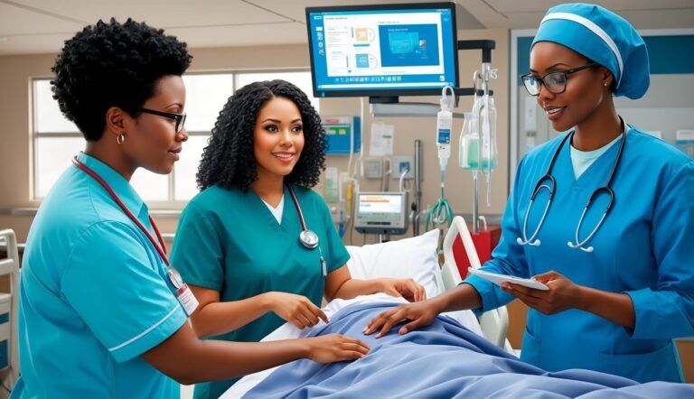 Three nurses attending to a patient in a hospital room, medical equipment visible