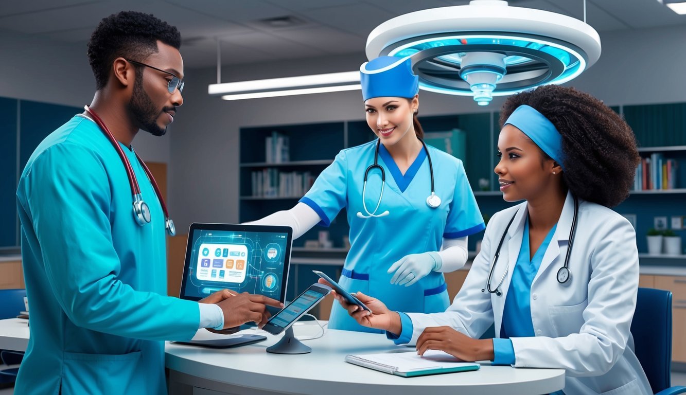 A futuristic healthcare setting with a nurse mentoring a student, using advanced technology and innovative teaching methods