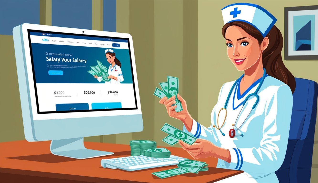 A nurse counting money in front of a computer with a salary website on the screen