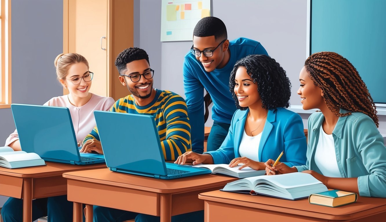 Group of students working together on laptops in a classroom