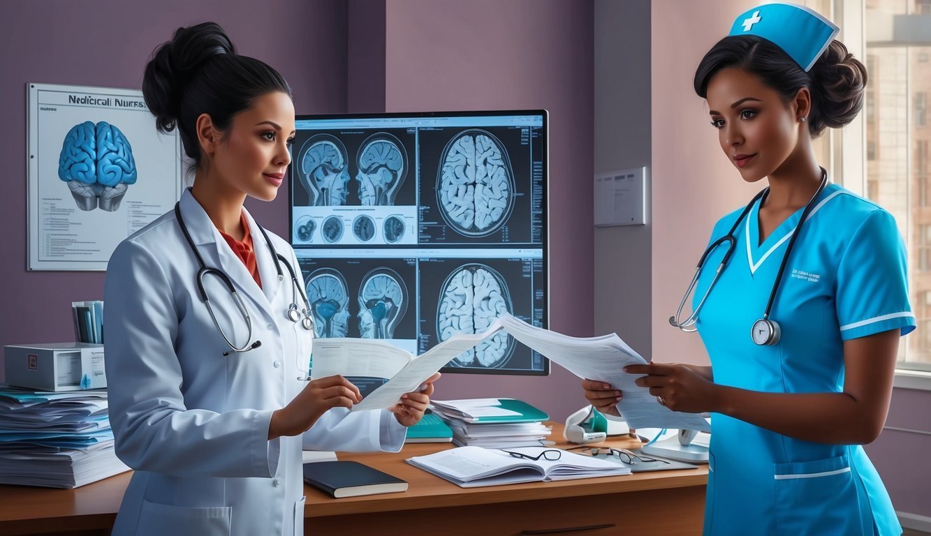Two medical professionals reviewing documents in a doctor's office with brain scans