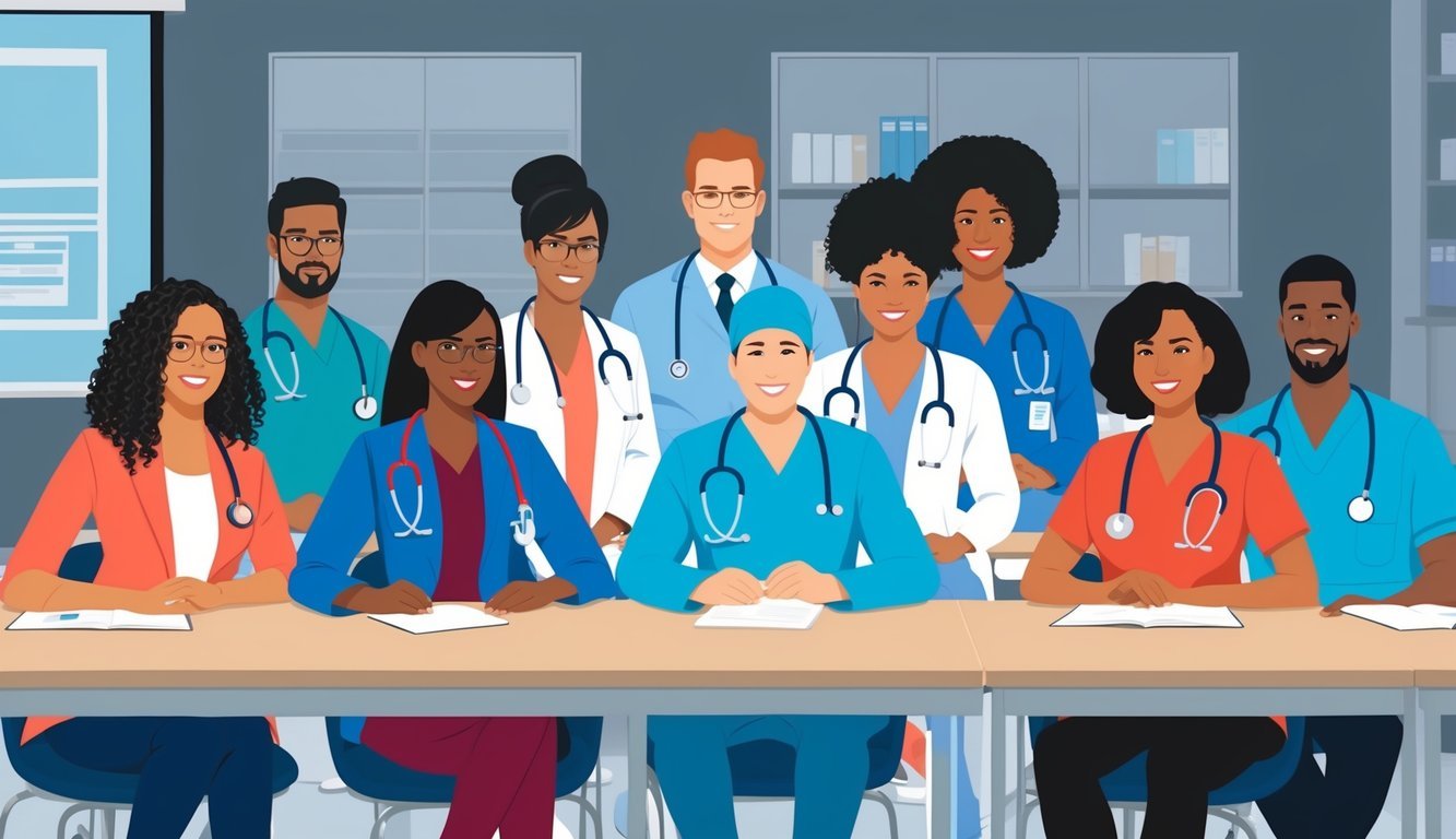 A group of diverse healthcare professionals attending an APRN program lecture in a modern classroom setting