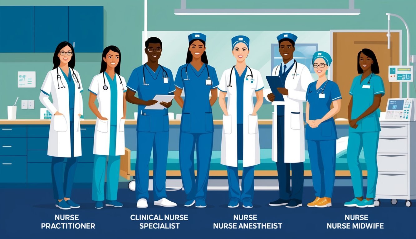 A group of APRNs in various specialized roles, such as nurse practitioner, clinical nurse specialist, nurse anesthetist, and nurse midwife, working in a healthcare setting