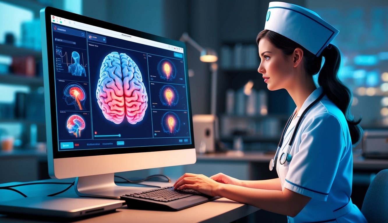 A neuroscience nurse monitoring brain activity on a computer screen